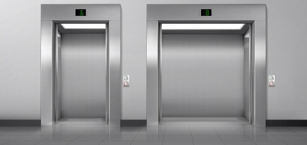 Passenger and cargo elevators with open doors in hallway.