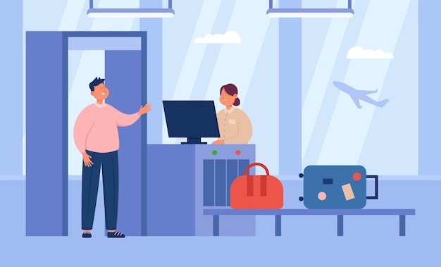 Passenger going through metal body scanner with luggage on belt. Man standing at gate, woman controlling baggage on conveyor flat vector illustration. Airport security check point, airline concept