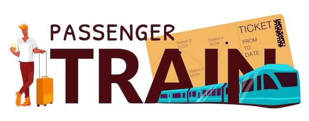 Vettore gratuito testo piatto del treno passeggeri con il moderno treno ad alta velocità che passa attraverso l'illustrazione vettoriale di grandi lettere