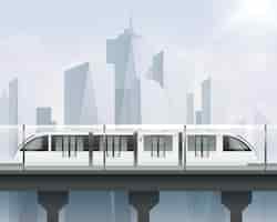 Бесплатное векторное изображение Реалистичная композиция пассажирского трамвая с видом на городской пейзаж и скоростной трамвай с современной иллюстрацией столичного поезда