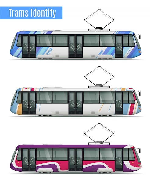 異なる路面電車の着色パターン図と3つの同様の路面電車の旅客路面電車現実的なモックアップセット