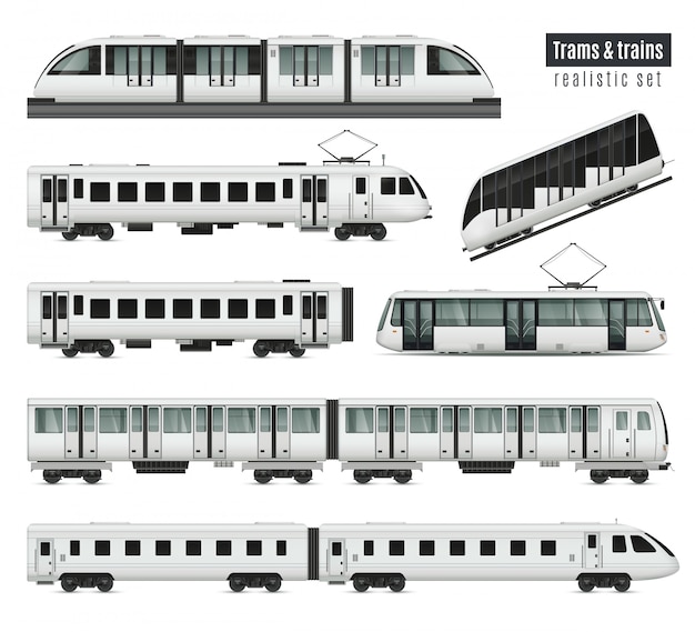 Free vector passenger tram train realistic set with isolated images of public transport railroad cars and electric trams illustration