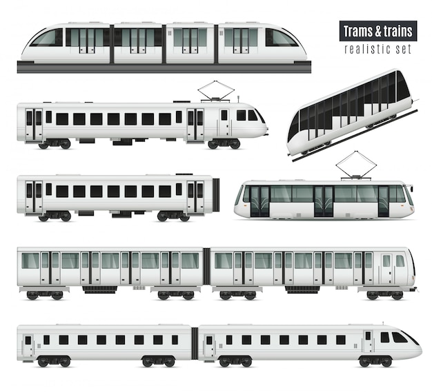 Passenger tram train realistic set with isolated images of public transport railroad cars and electric trams illustration