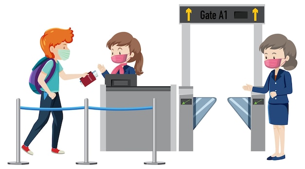 Free vector passenger walking to boarding gate entrance with service staffs