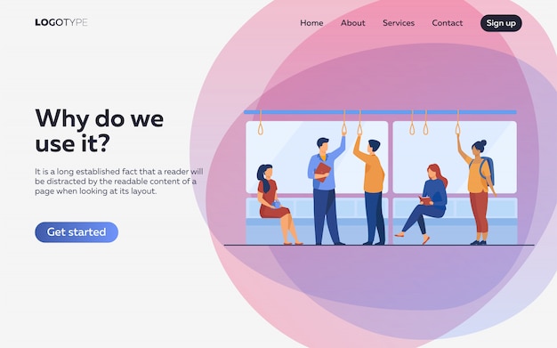Пассажиры в метро вагон плоской иллюстрации. Целевая страница или веб-шаблон