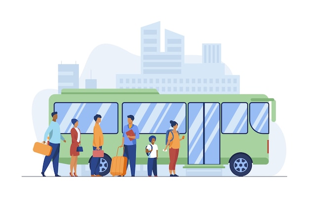 Vettore gratuito passeggeri in attesa di autobus in città. coda, città, illustrazione vettoriale piatto strada. trasporti pubblici e stile di vita urbano