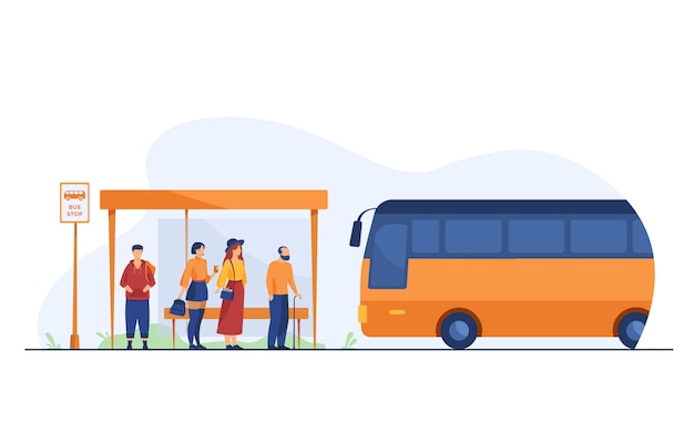 Пассажиры в ожидании общественного транспорта на автобусной остановке Бесплатные векторы