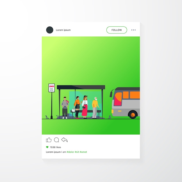 Free vector passengers waiting for public transport at bus stop flat vector illustration. cartoon characters using auto. transportation and conveyance concept.