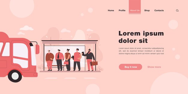 Passengers waiting for transport at bus stop landing page in flat style