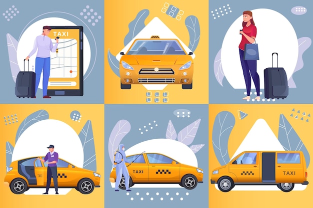 Passengers and yellow taxi cars on yellow and gray flat illustration