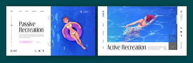 Free vector passive and active recreation banners with girls swims in sea and floating on inflatable ring. vector landing pages of relax and activity in water with cartoon illustrations of women swimming in ocean