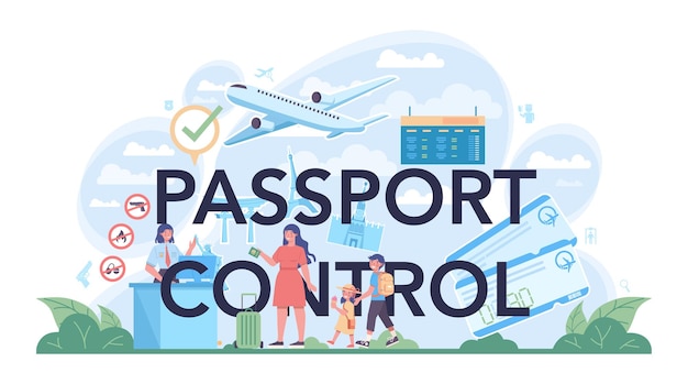 パスポートコントロールの活字ヘッダー空港の税関職員セキュリティチェックポイントと空港での登録安全のための金属探知機機内フラットベクトル図