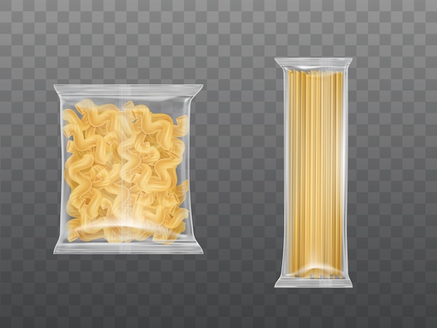 Vettore gratuito pasta in confezione limpida set spaghetti maccheroni secchi