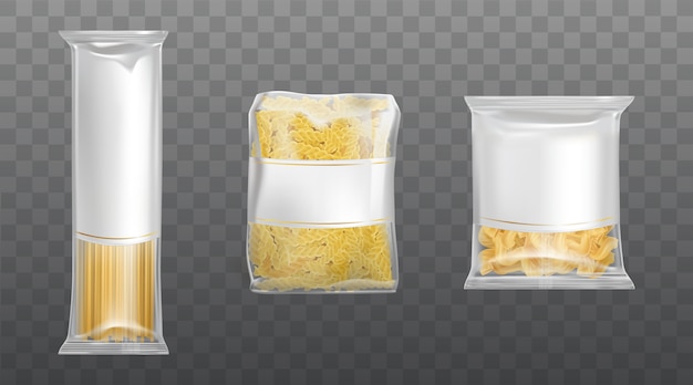 Free vector pasta in limpid package set dry macaroni spaghetti