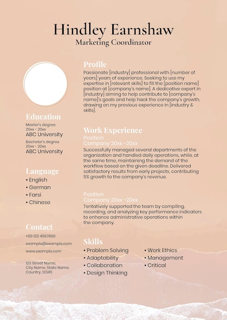 Free vector pastel aesthetic resume template in orange