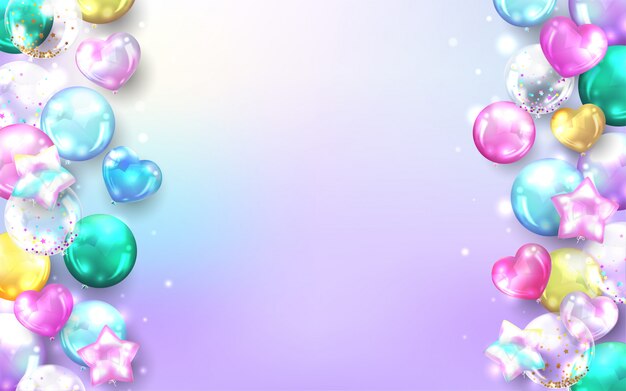 Pastel balloons background for happy birthday card.