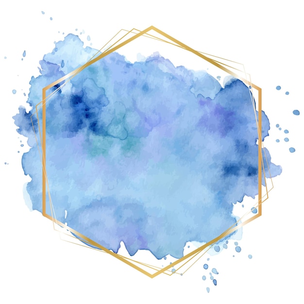 Vettore gratuito spruzzata dell'acquerello astratto blu pastello con cornice geometrica in oro