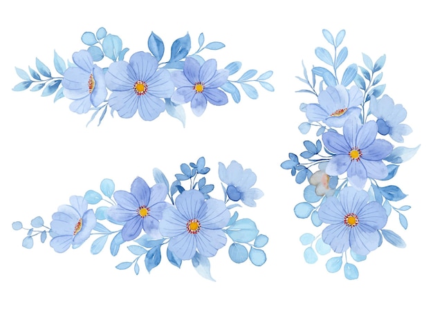 Free vector pastel blue floral arrangement collection with watercolor