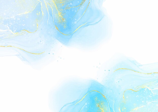Pastel blue hand painted alcohol ink background with gold elements