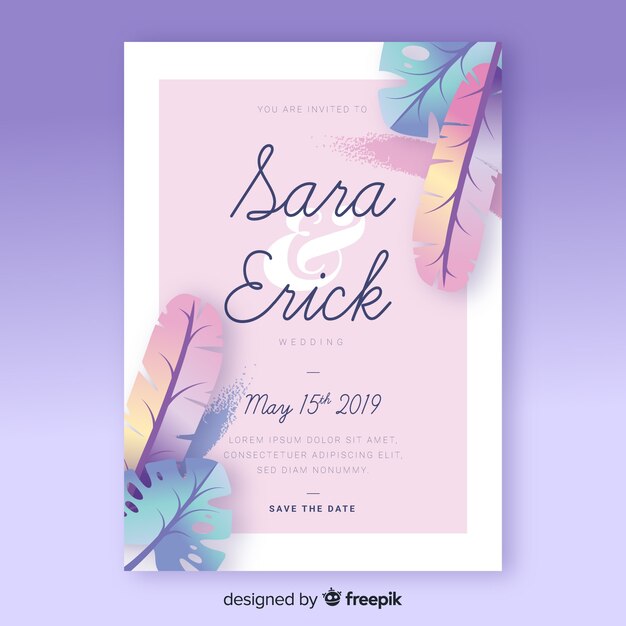 Free vector pastel color realistic palm leaves wedding invitation template