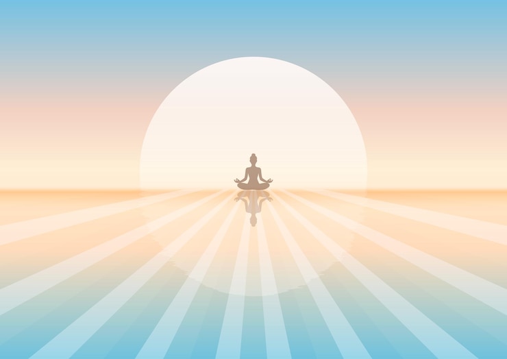 無料Vector パステル色の夕暮れの風景でヨガのポーズをとっている女性