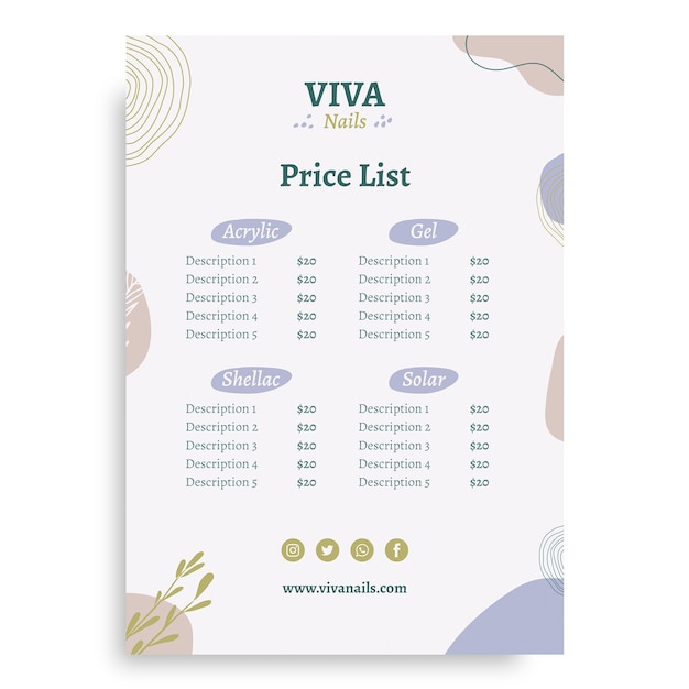 Free vector pastel doodle viva nails studio price list template