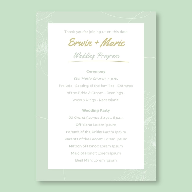 Free vector pastel green wedding program invitation