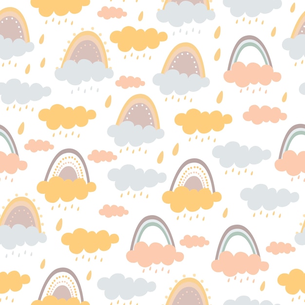 Free vector pastel seamless pattern of rainbow and clouds