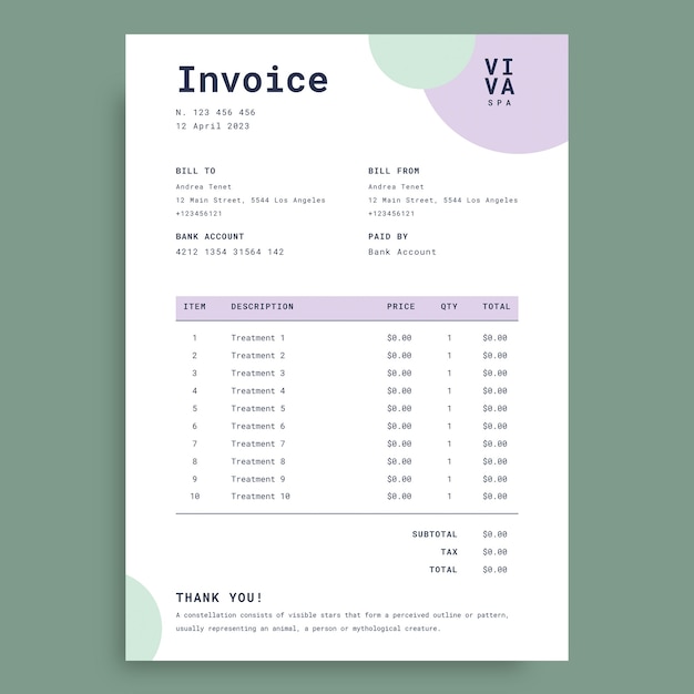 Free vector pastel spa viva invoice