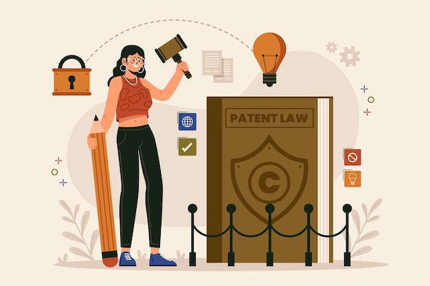 Бесплатное векторное изображение Концепция патентного права с женщиной и лампочкой