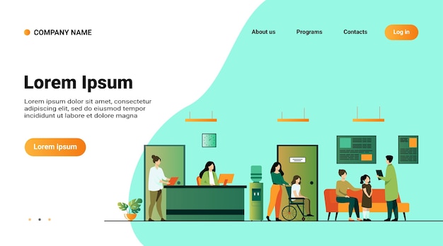 無料ベクター 患者と医師がクリニックホールで会って待っています。レセプション、車椅子の人と病院のインテリアイラスト
