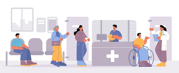 Vettore gratuito personaggi dei pazienti in attesa di appuntamento con il medico nel corridoio dell'ospedale con reception persone malate sedute nel corridoio della clinica concetto di servizio sanitario e medico line art illustrazione vettoriale