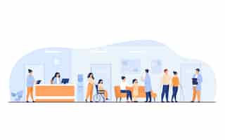 Free vector patients and doctors meeting and waiting in clinic hall. hospital interior illustration with reception, person in wheelchair. for visiting doctor office, medical examination, consultation