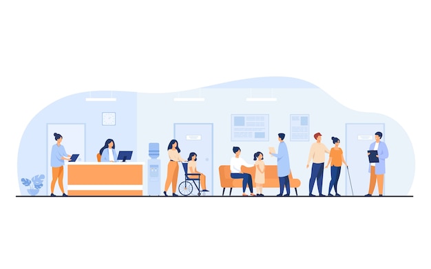 Patients and doctors meeting and waiting in clinic hall. Hospital interior illustration with reception, person in wheelchair. For visiting doctor office, medical examination, consultation