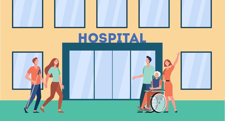 Free Vector patients and their relatives in front of hospital. cartoon illustration