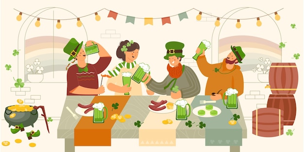 Patrick day party beer indoor composition with human characters of friends at restaurant table drinking beer illustration