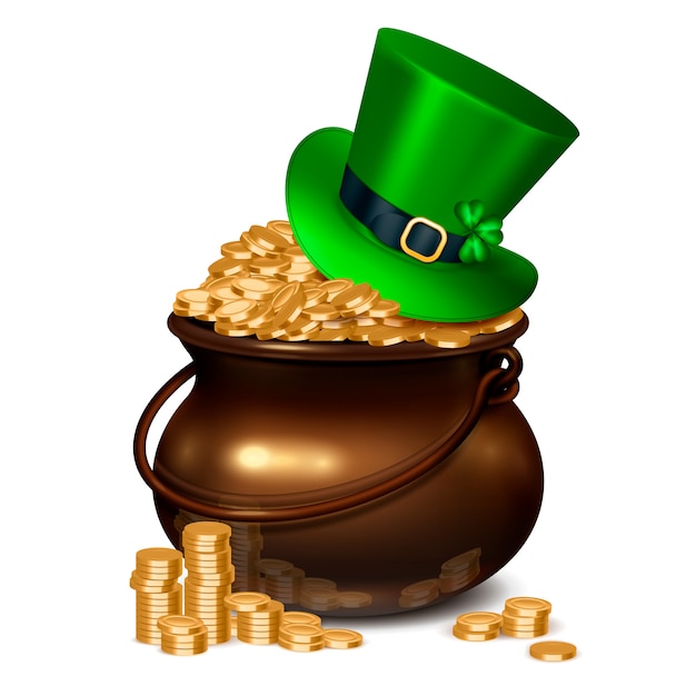 Free vector patricks day realistic composition including pot full of gold coins covered with emerald hat decorated with shamrock and buckle  illustration