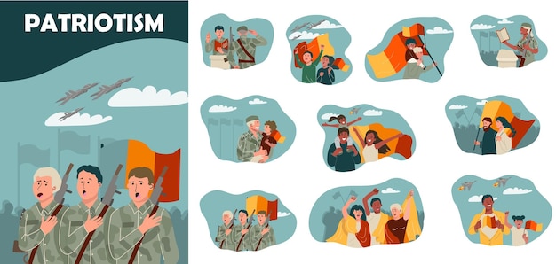 Free vector patriots flat composition set with soldiers and civilians loving and supporting their country isolated vector illustration