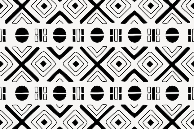 パターンの背景、部族のシームレスなアステカのデザイン、黒と白の幾何学的なスタイル、ベクトル
