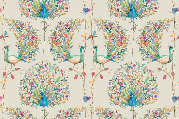 水彩の孔雀と花のイラストとパターンの背景