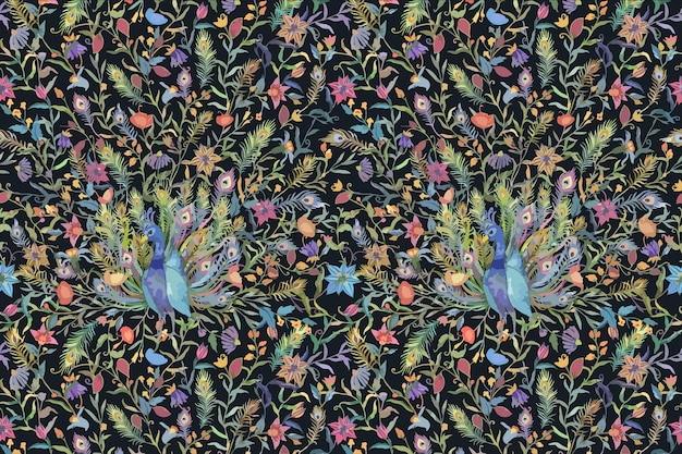 Pattern background with watercolor peacock and flower illustration