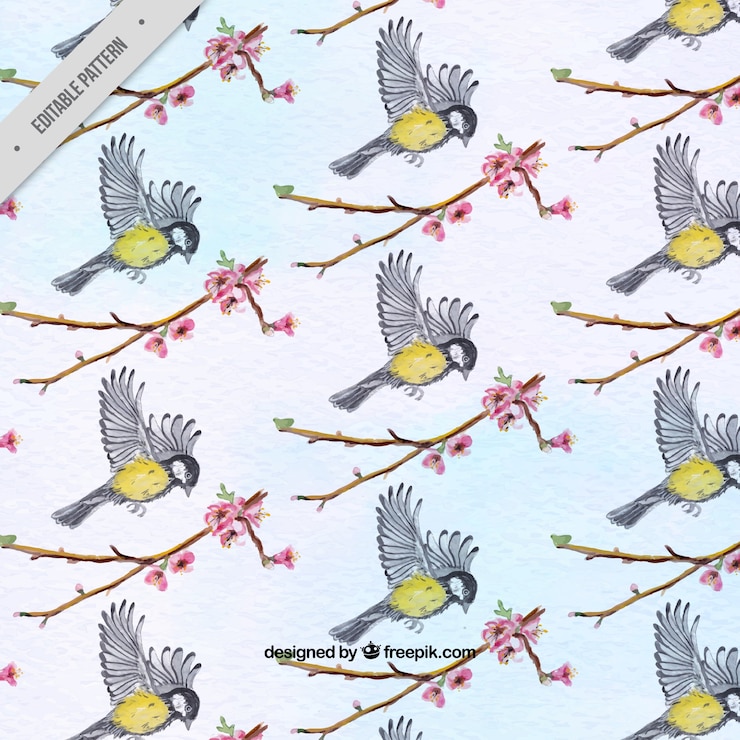 Free Vector pattern of birds and watercolor branches