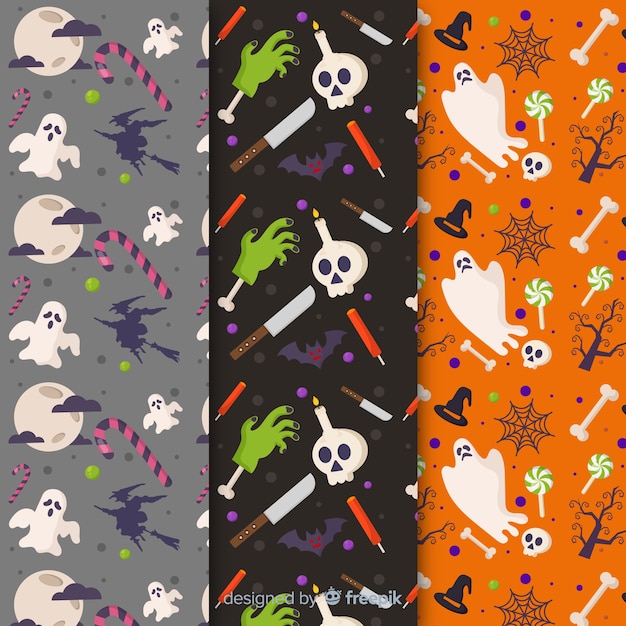 Vettore gratuito collezione di pattern di halloween piatto con fantasmi