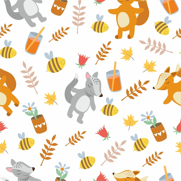 Free vector pattern cute animals. the fox and the wolf. leaves, plants, bees.