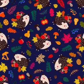 Pattern of cute hedgehogs among autumn leaves and fruits with mushrooms on blue background
