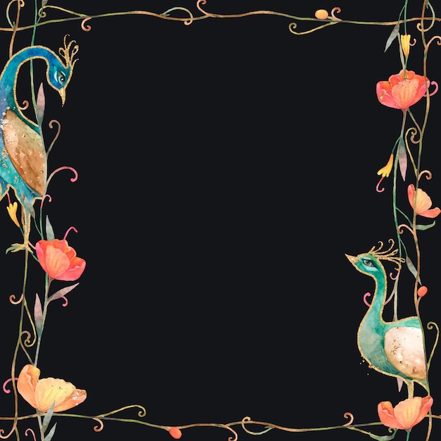 黒の背景に水彩花と孔雀のパターンフレーム