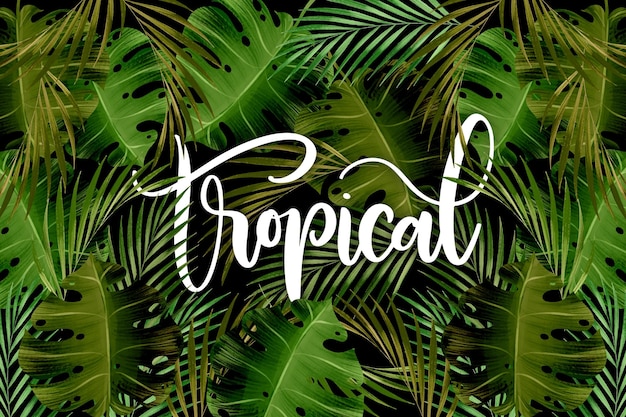 Free vector pattern of green leaves tropical lettering