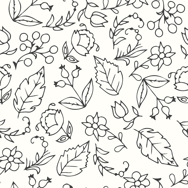 손으로 그린 나뭇잎과 꽃의 패턴