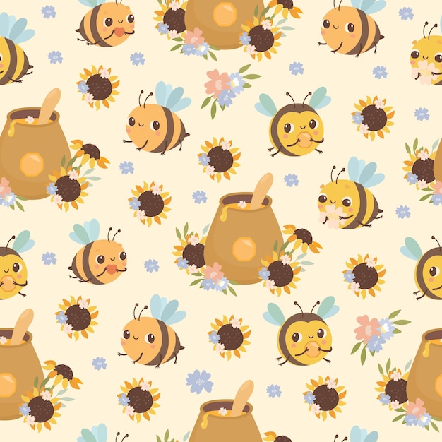 Free vector pattern honey bees and flowers