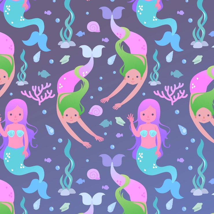 Free Vector pattern template with mermaid and seaweed